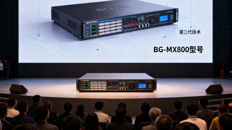 BG视讯第三代8K分布式视讯矩阵BG-MX8000产品发布会现场，背景大屏幕显示产品渲染图和技术参数。