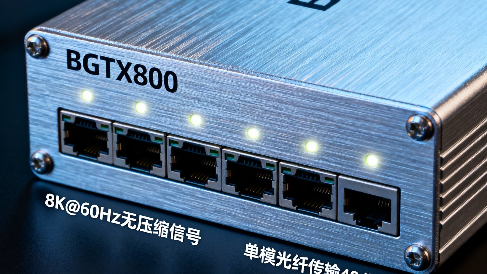 BG-TX8000旗舰光纤传输器前面板特写，金属拉丝外壳搭配LED状态指示灯，支持8K@60Hz无压缩信号通过单模光纤传输40公里。